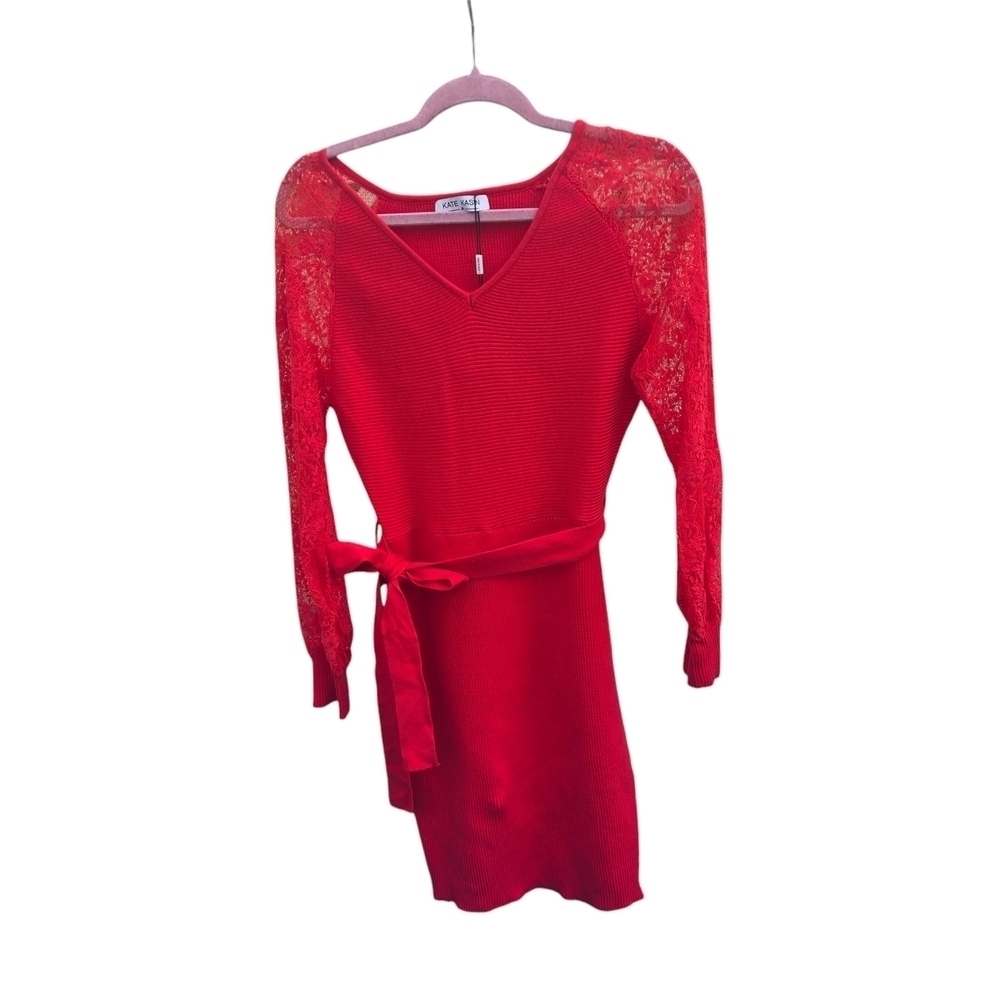 Kate Kasin Chic Red Lace Dress size medium V Neck Sweater Dress with belt